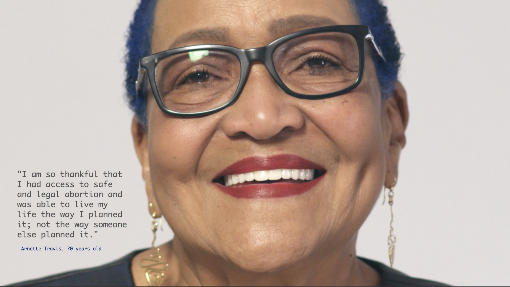 Smiling Image of a VoiceBox Participant, with quote of something she said while in VoiceBox.